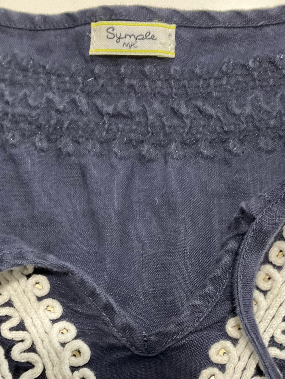 Sympli Navy Linen Embroidered Tunic Top M L Boho Coastal Split Hem Roll Tab - Picture 4 of 4